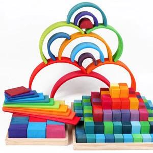 Log color wood Custom Basswood Colored circles German pyramid rainbow building blocks toy