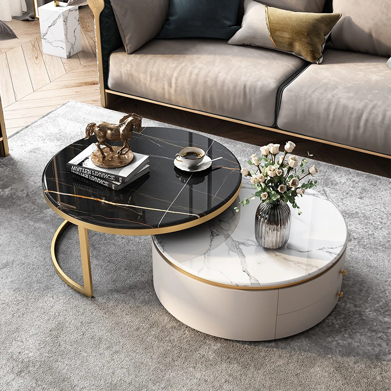 Luxury Furniture Marble Top Gold Stainless Steel Frame  Sectional Glass Round Coffee Table