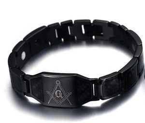 Masonic logo engraved carbon fiber men titanium health magnetic bracelet