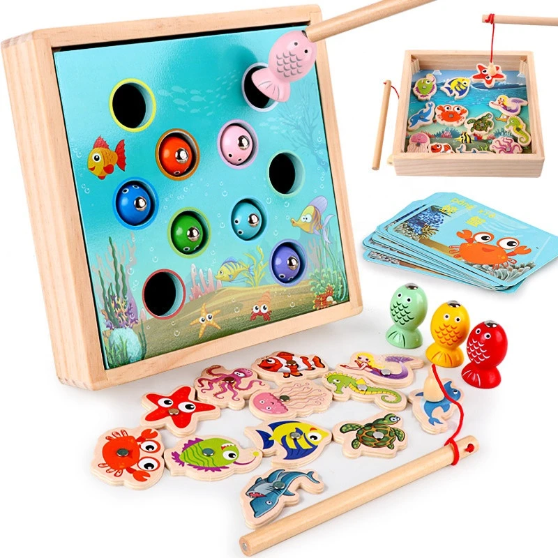 Montessori childrens magnetic fishing toys wooden toys educational