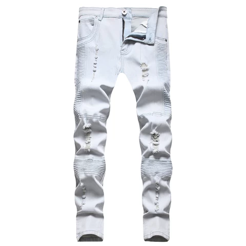 New pattern white mens ripped biker skinny jeans slim fit denim pants casual denim trousers