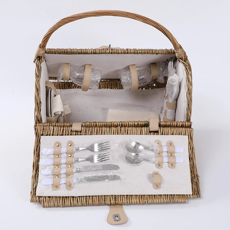 Picnic Basket Hamper Set With Flatware And Wine Glasses
