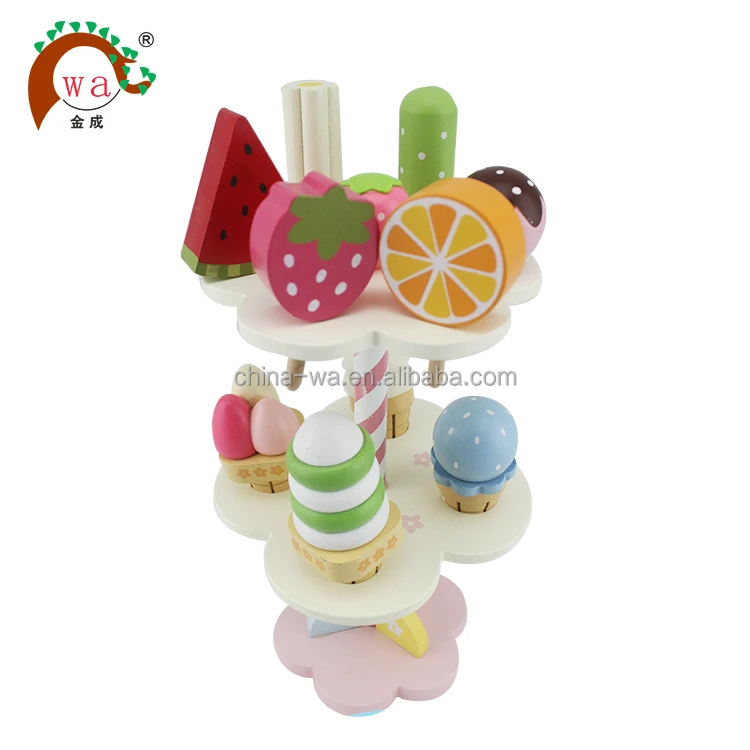 pretend play wooden ice cream and fruit toy set with display shelf,children kitchen toy