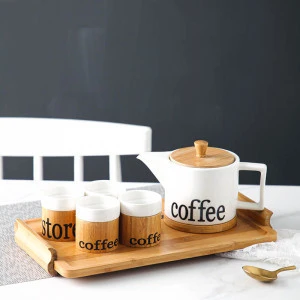 Promotion tea cups modern style 4 mugs ceramic coffee tea set with wooden stand