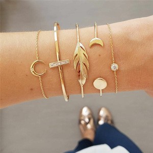 Punk Style Leaf Moon Gold Women Jewelry Bracelet Sets bangles Wholesale