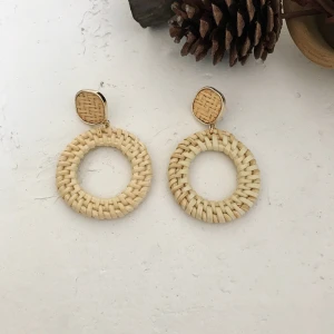 Retro Ethnic Weave Straw Wood Earrings Oval Knit Rattan Earring Bohemian Style Jewelry