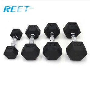 Rizhao custom logo Black rubber coated hex dumbbell set in weight lifting