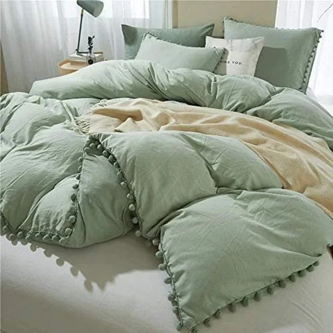 Sage Green With Pom Pom Quilt Cover With 2 Pillow Case Tassel Duvet Fringed Duvet stonewashed softened pre shrunk cotton Set