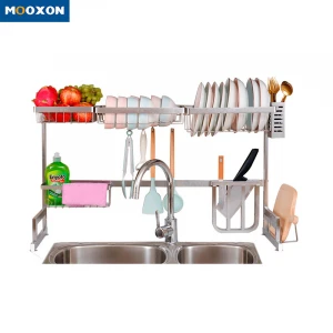 Silver Drying 2 Tiers Holder Kitchen Storage Standing Type Stand 85cm Draining Dish Plate Rack
