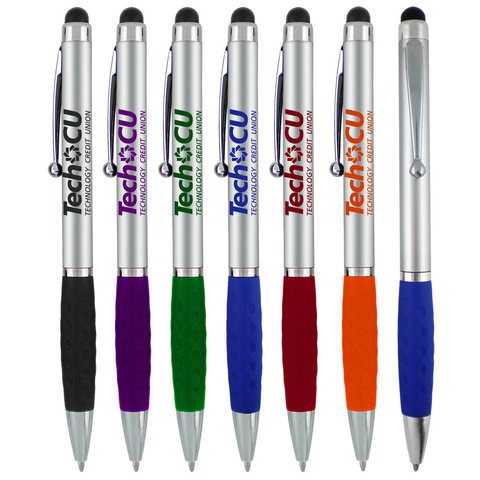 Silver Hi-Tech giveaway custom imprinted Logo stylus Ball Pen with colored touchscreen-personalized printed stylus ballpoint pen