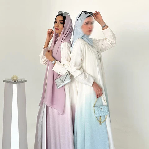 Color Gradient Cardigan Open Abaya Dress With Matching Hijab #25209