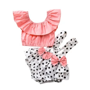 Summer Toddler Kids Baby Girl Clothing Fly Sleeve Black Dot T-shirt Tops Bow Suspender Girl 2pcs Set