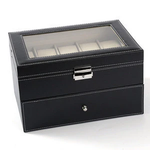 The Black 20 Slot/Grid Men&#39;s Watch box, PU Leather Double-Layer Display Glass Top Box Display Organizer Drawer with Lock &amp; Key