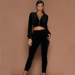 Velvet Long Sleeve Crop Top And Pants Set Casual Sportswear For Woman