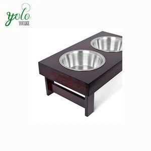 Water Resistant Elevated Bamboo Smart Automatic Pet Fedder With Two Stainless Steel Bowls Stand