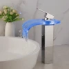 Waterfall Chrome Bathroom LED brass Sink Faucets Single handle Bathroom Sink Faucets Glass Spout mixer tap water Power
