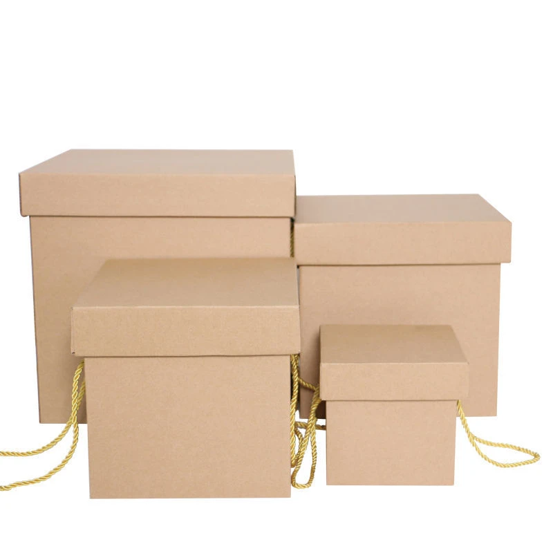 Wholesale Handmade Square Biodegradable Brown Kraft Lid and Base Storage Gift Box with Twisted String Handle