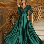 Wholesale Luxury Sequin A Line Green Polyester Long Sleeve Prom Dress V Neck Prom Dress Prom Dress