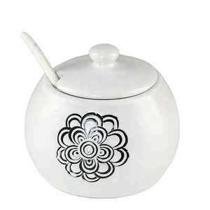 Wholesale Stoneware Eco Friendly Hand printing ceramic round sugar pot with lid and spoon