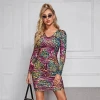 Wholesale supplier dresses women sexy fashion v-neck vetementt femm clothing long sleeve tight fit leopard print mesh dress