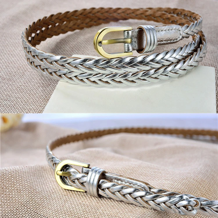 women 1cm thin silver braided belt cowhide bonded leather handmade knit belt ladies genuine leather weave belt