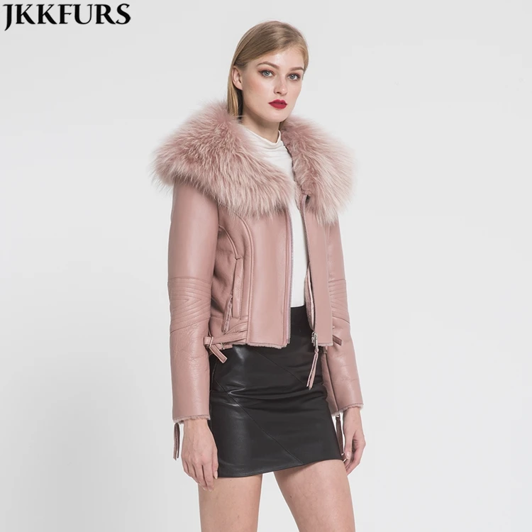 Women Genuine Leather Jackets With Real Raccoon Fur Collar Winter Warm Coat Fur Lined Jackets