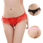 women lace ruffle beaded open crotch  g-string panties