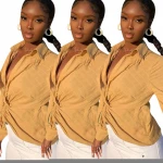 women loose casual blouse turn-down collar blouse knot women solid color