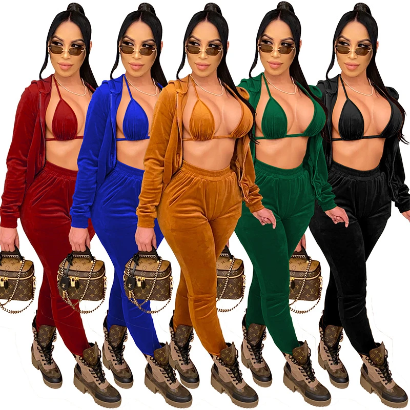 women winter fall hoodies with bra jacket comfy sexy multiple green velour velvet oversized 2 piece pants sets