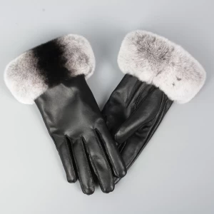 Women&#x27;s 100% Real Sheepskin Leather Gloves Lady Winter Warm Fashion Mittens with Real Rabbit Fur