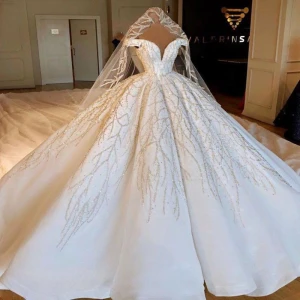 Luxury Cathedral Train Ball Gown Wedding Dresses Robe De Mariee Gorgeous Crystals Beads Wedding Gowns Vestido De Noiva