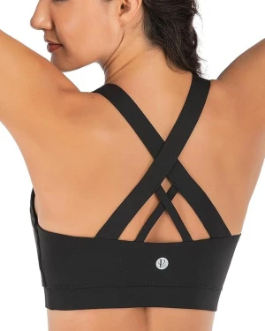 Women Criss Cross Strappy Back Sports Bra Soft High Elastic Breathable Medium Support Yoga Workout Fitness Bra