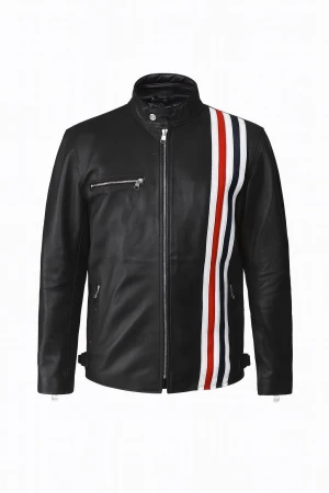 Men's Black Leather Racing Jacket with Striped Detail, Multiple Sizes