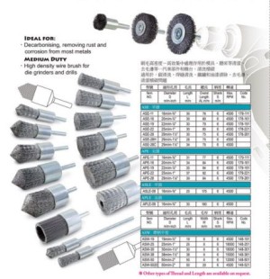 Industrial Guide Auto Range Brush. Ideal for: Decarbonising, removing rust and corrosion from most metals Medium Duty: High density wire brush for die grinders and drills