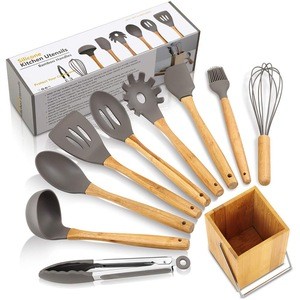 10pcs Silicone Cooking Kitchen Utensils Set, Bamboo Wooden Handles kitchen silicone  cooking Utensil Set for Nonstick Cookware