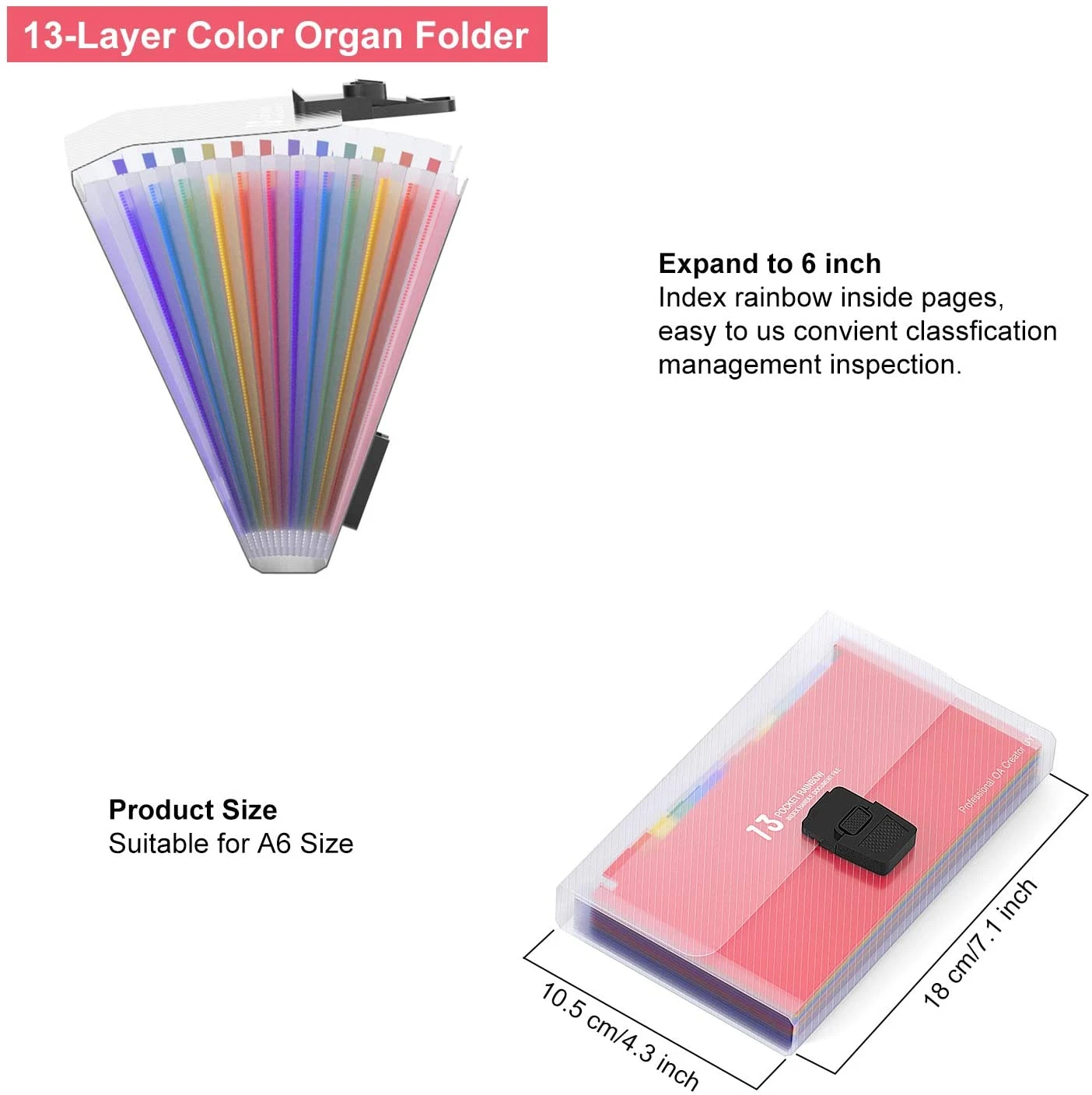 13 Pocket A6 Rainbow Colorful Index Handle Pp Document Bag Expanding File Filling Folder With Buckle