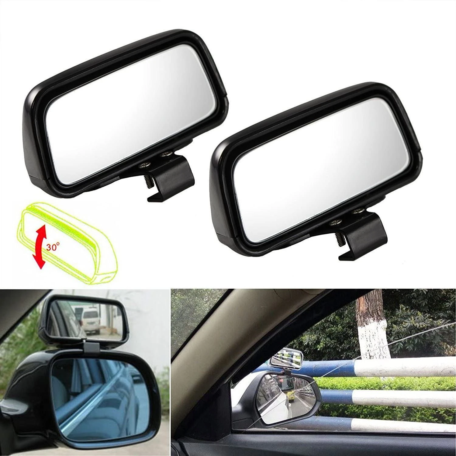 2 Pcs Black Rectangle Wide Adjustable Angle Convex Clip On Half Oval Rear View for car