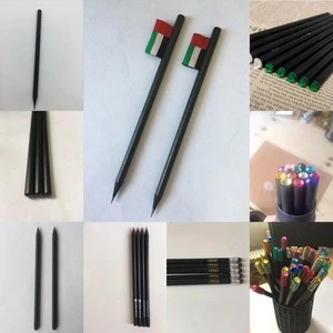 2018 hot sale personalized black pencils/black wood pencil with or without eraser ,dipped top ,crystal stone and label flag