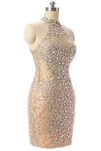 2018 OEM Custom Made Halter Neck AB Rhinestone Slim Club Wear Short Nude Color Womens Party Cocktail Dress