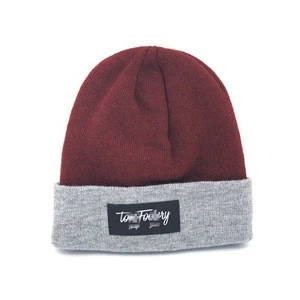 2019 Latest Design Mens Polyester Maroon Wireless Rib Knit Custom Embroidery Logo Patch Beanie Hat Winter