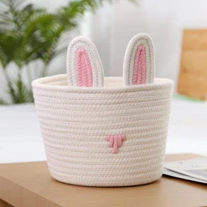 2020 best selling large foldable folding woven kids children cute cartoon cotton rope storage basket with animal ears