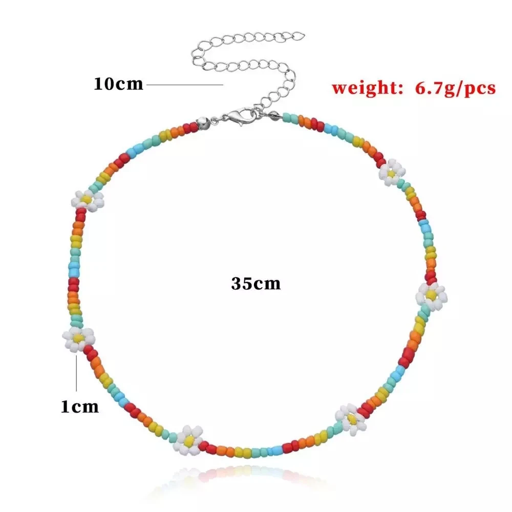 2021 New Korea Lovely Daisy Flowers Colorful Beaded Charm Statement Short Choker Necklace for Women Vacation Jewelry