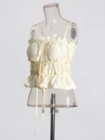 2024 new ladies fresh sweet wind slimming solid color evening vest pleated draw rope design sense of short halter top