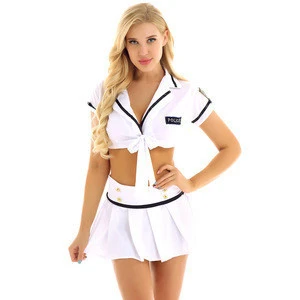 2PCS Women Lingerie Officer Policewoman Cosplay Costume Uniform Short Sleeve Crop Top with Pleated Mini Skirt Set