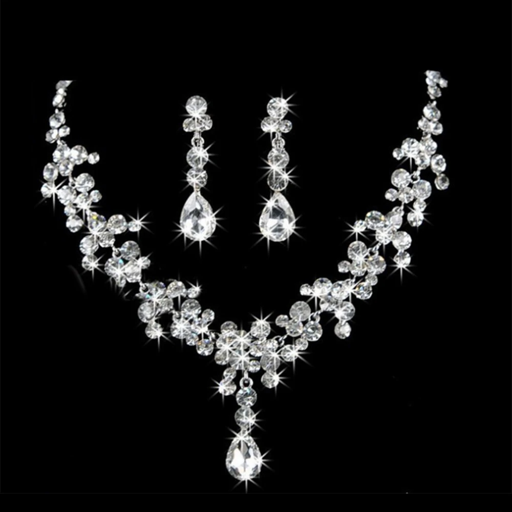 3pcs/set Latest Crown Earring Necklace Bridal Tiara Wedding Princess Crown Set for Bride