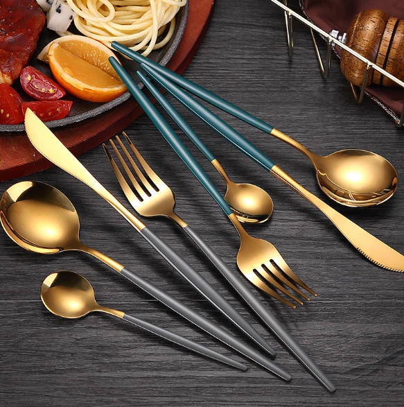 4 piece stainless steel knife, fork and spoon set, gold-plated tableware steak knife