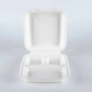 8 * 8 &quot;3-Compartmetnt  take out lunch box disposable bagasse environmentally friendly lunch box 100% degradable tableware