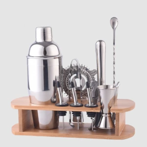 barware holder bamboo stand for stainless steel cocktail shaker