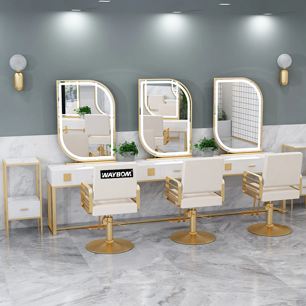 Big Beauty Double Hair Smart Gold White Round Stand Led Lighted Salon Station Equipment Furniture Table Barber Mirror