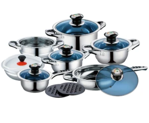 Blue G shape glass lid 16pcs stainless steel wide edge dinning cookware set